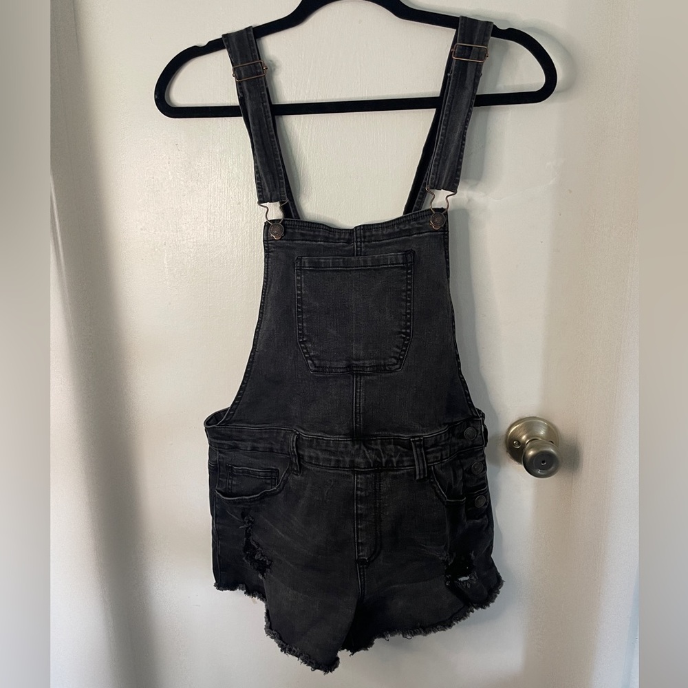 Forever 21 Distressed Black Denim Short Overalls